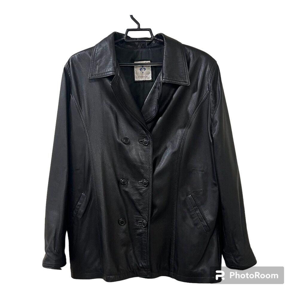VTG Firenze by Vera Pelle Italy Black Double Breasted Leather Jacket Sz LG/XL